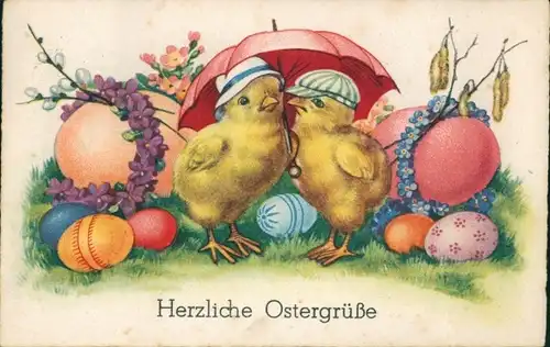 Ak Glückwunsch Ostern, Vermenschlichte Küken, Ostereier