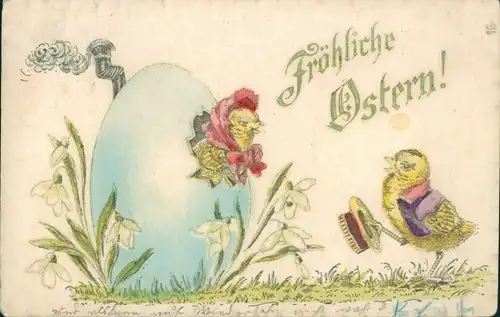 Präge Ak Glückwunsch Ostern, Vermenschlichte Küken, Eierhaus