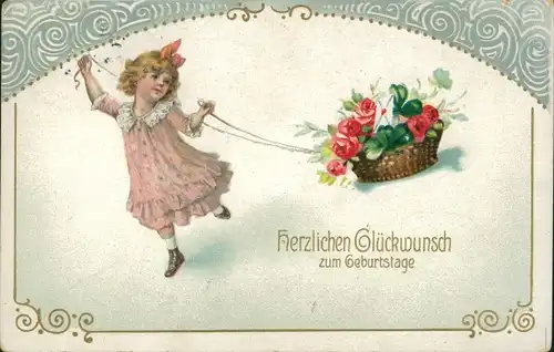 Ak Glückwunsch Geburtstag, Mädchen zieht Korb mit Blumen