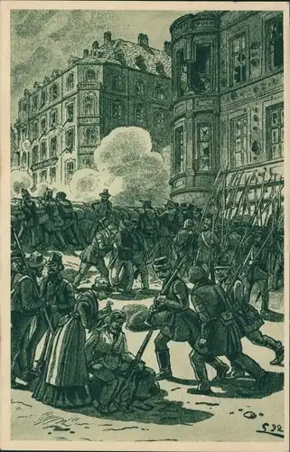 Künstler Ak Dresden, 100 Jahre Revolution von 1848, Straßenkampf, Barrikade, Große Frauengasse