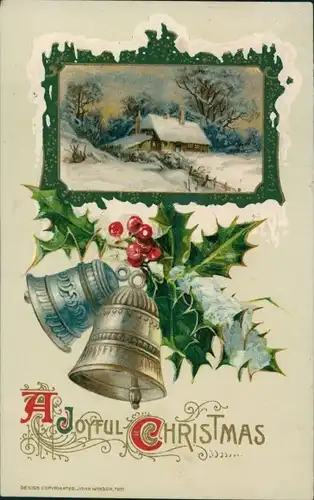 Präge Ak Glückwunsch Weihnachten, Glocken, Stechpalmenzweige, Winterlandschaft
