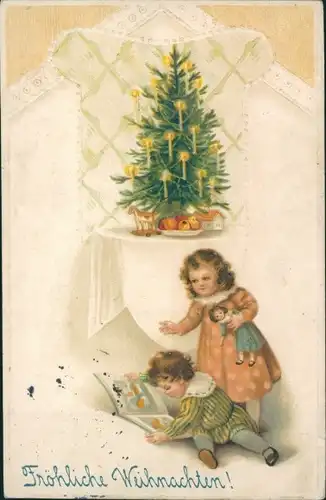 Ak Glückwunsch Weihnachten, Kinder, Puppe, Tannenbaum