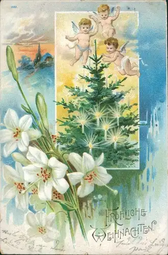 Ak Frohe Weihnachten, Engel, Tannenbaum, Lilien