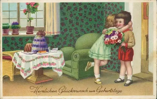 Ak Glückwunsch Geburtstag, Gratulanten, Geburtstagskind, Blumen