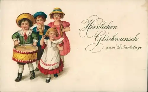 Ak Glückwunsch Geburtstag, Musizierende Kinder, Gratulanten, Trommel