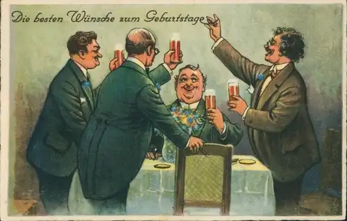 Ak Glückwunsch Geburtstag, Männer am Tisch, Bier, Blumen