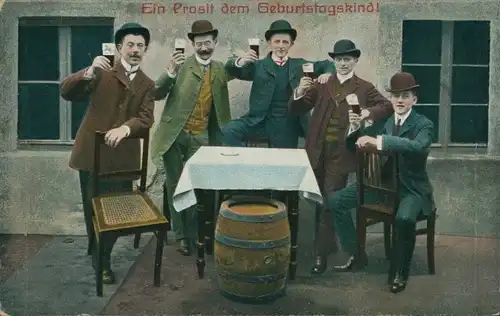 Ak Glückwunsch Geburtstag, Männer trinken Bier, Bierfass