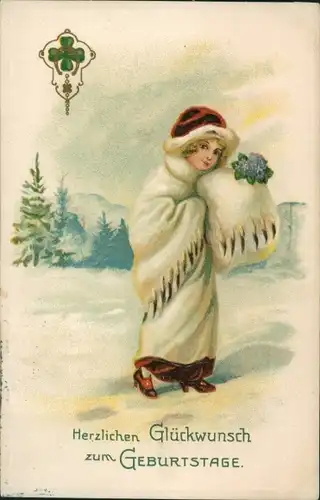 Präge Ak Glückwunsch Geburtstag, Mädchen, Blumen, Glücksklee