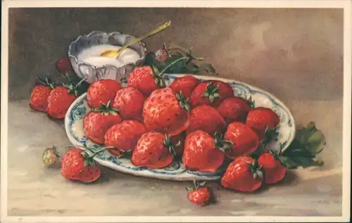 Ak Erdbeeren, Teller, Zucker, Früchte