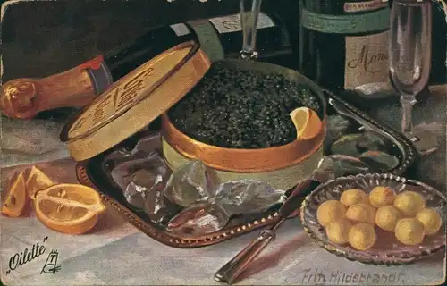 Künstler Ak Hildebrandt, F., Früchte, Zitrone, Kaviar, Sektflasche, Essen, Besteck