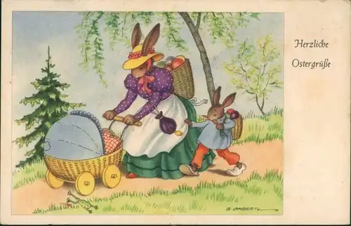 Künstler Ak Lambert, G., Glückwunsch Ostern, Osterhasen-Familie, Kinderwagen, Ostereier