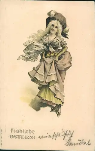 Präge Litho Glückwunsch Ostern, Noble Frau, Portrait, Hut