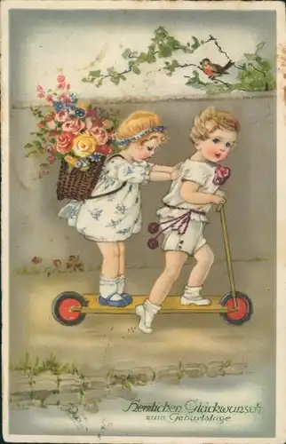 Ak Glückwunsch Geburtstag, Kinder, Roller, Gratulanten, Korb, Rosen