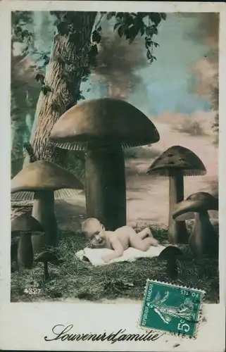 Ak Glückwunsch Geburt, Baby, Pilze