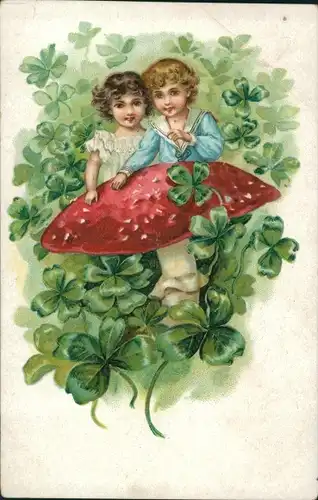Präge Ak Kinder, Pilz, Glücksklee, Kitsch