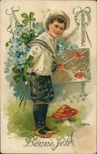 Präge Ak Glückwunsch, Junge, Brief, Vergissmeinnicht, Pilz, Glücksklee