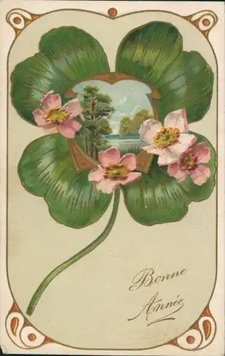 Präge Passepartout Ak Glückwunsch Neujahr, Glücksklee, Blumen