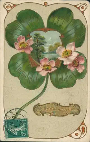 Präge Passepartout Ak Glückwunsch Neujahr, Glücksklee, Blumen
