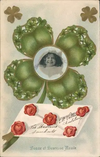 Präge Litho Glückwunsch Neujahr, Glücksklee, Kind-Portrait