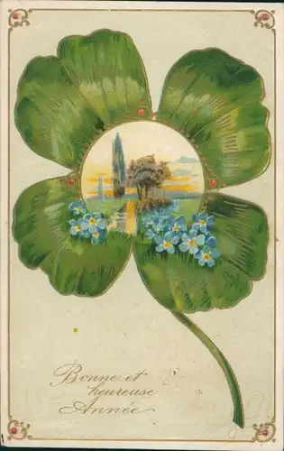 Präge Ak Glückwunsch Neujahr, Glücksklee, Vergissmeinnicht