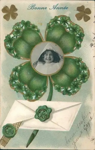 Präge Litho Glückwunsch Neujahr, Glücksklee, Kind-Portrait