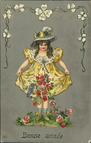 Präge Ak Glückwunsch Neujahr, Mädchen in gelbem Kleid, Blumen, Rosen, Glücksklee