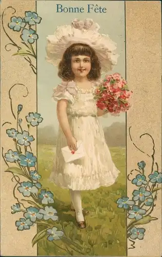 Präge Ak Glückwunsch, Mädchen, Blumenstrauß, Vergissmeinnicht