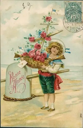 Präge Ak Glückwunsch Neujahr, Kind, Segelschiff, Rosen, Vergissmeinnicht