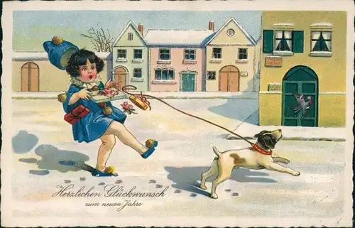 Ak Glückwunsch Neujahr, Mädchen mit Geschenken, Hund jagt einen Vogel