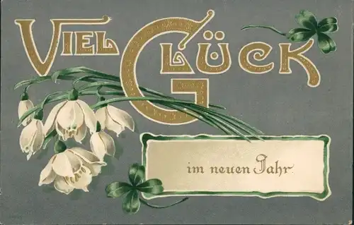 Präge Ak Glückwunsch Neujahr, Glücksklee, Weiße Blumen