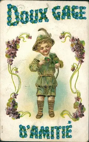 Präge Litho Junge mit Kleeblatt, Veilchen, Vergissmeinnicht
