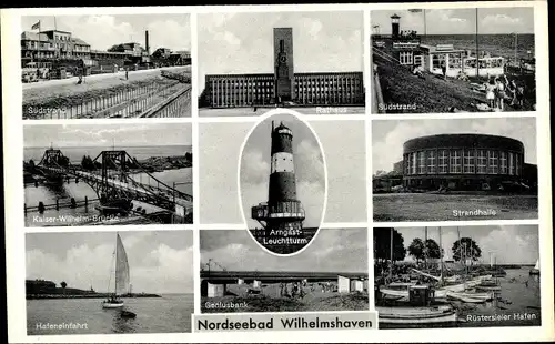 Ak Wilhelmshaven, Rathaus, Arngast Leuchtturm, Geniusbank, Strandhalle, Hafen, Kaiser Wilhelm Brücke