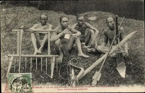 Ak Tonkin Vietnam, Bauern mit Ackergeräten