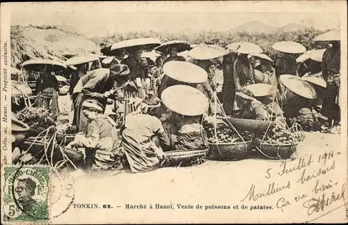Ak Hanoi Tonkin Vietnam, Marche, Vente de poissons et de patates