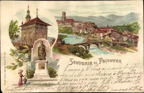 Litho Fribourg Freiburg Stadt Schweiz, Totale, Kirche, Denkmal