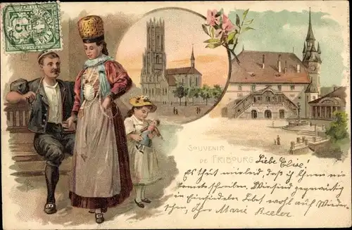 Litho Fribourg Freiburg Stadt Schweiz, Stadtpartie, Familienbild, Schweizerische Tracht