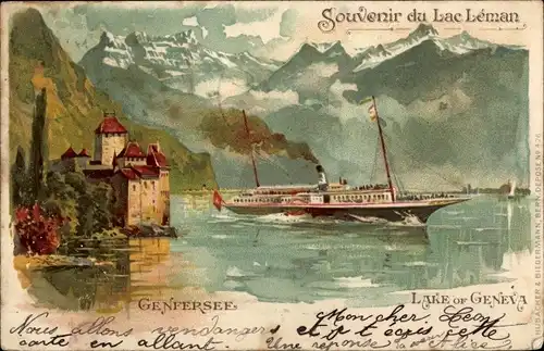 Litho Genf Kanton Schweiz, Lac Leman, Salondampfer