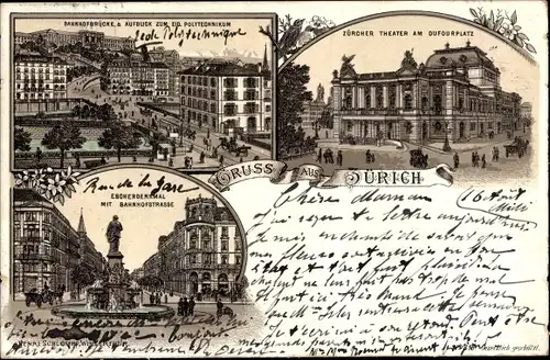 Litho Zürich Stadt Schweiz, Theater, Bahnhofsbrücke, Polytechnikum, Denkmal