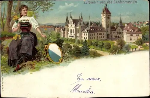 Wappen Litho Zürich Stadt Schweiz, Züricherin in Tracht, Landesmuseum
