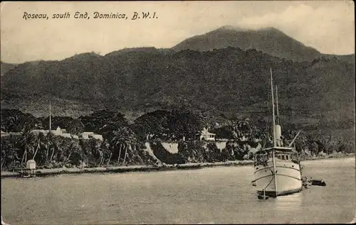 Ak Dominica British West Indies Karibik, Roseau, Südende, Dampfer in Fahrt