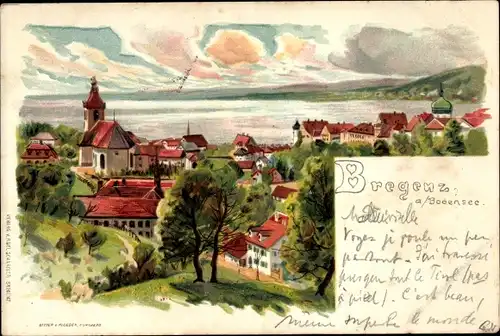 Litho Bregenz am Bodensee Vorarlberg, Totale mit Kirche