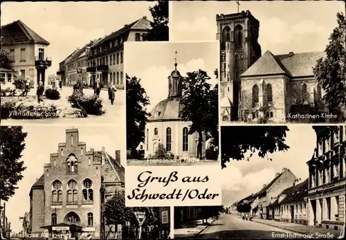 Ak Schwedt an der Oder, Französische Kirche, Ernst Thälmann Straße, Katharinen Kirche, Konsum