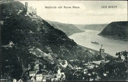 Ak Wellmich am Rhein Sankt Goarshausen, Ruine Maus, Panorama