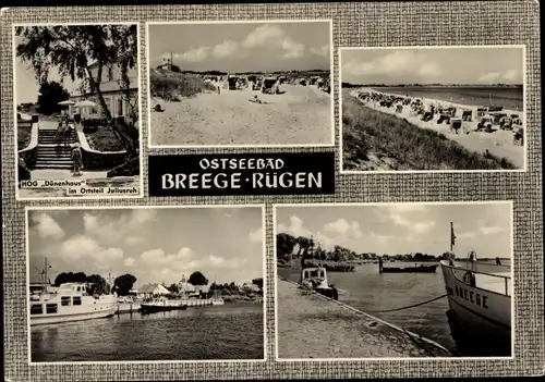 Ak Breege auf Rügen, HOG Dünenhaus, Juliusruh, Anleger, Strand, Schiffe,