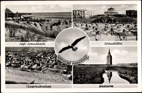 Ak Nordseebad Wangerooge in Ostfriesland, Cafe Strandhalle, Strandleben, Westturm, Fliegeraufnahme