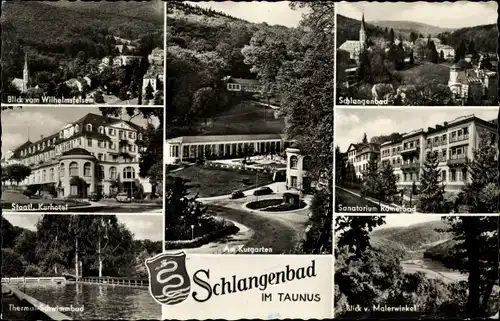 Ak Schlangenbad im Taunus Hessen, Kurhotel, Blick vom Wilhelmsfelsen, Kurgarten, Sanatorium Römerbad