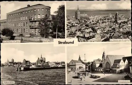 Ak Stralsund in Vorpommern, Krankenhaus am Sund, Hauptbahnhof, St. Nikolai, St. Jakobi, Hafen