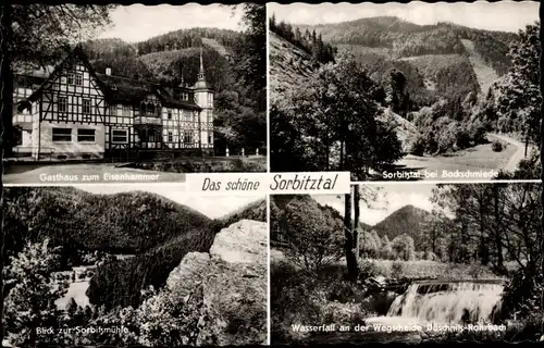 Ak Döschnitz in Thüringen, Sorbitzmühle, Gasthaus zum Eisenhammer, Sorbitztal, Wasserfall