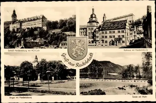 Wappen Ak Rudolstadt in Thüringen, Schloss Heidecksburg, HO-Cafe, Rathaus, Saale mit Wehr