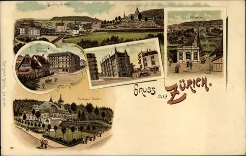 Litho Zürich Stadt Schweiz, Panorama, Römerhof, Dolder Waldhaus